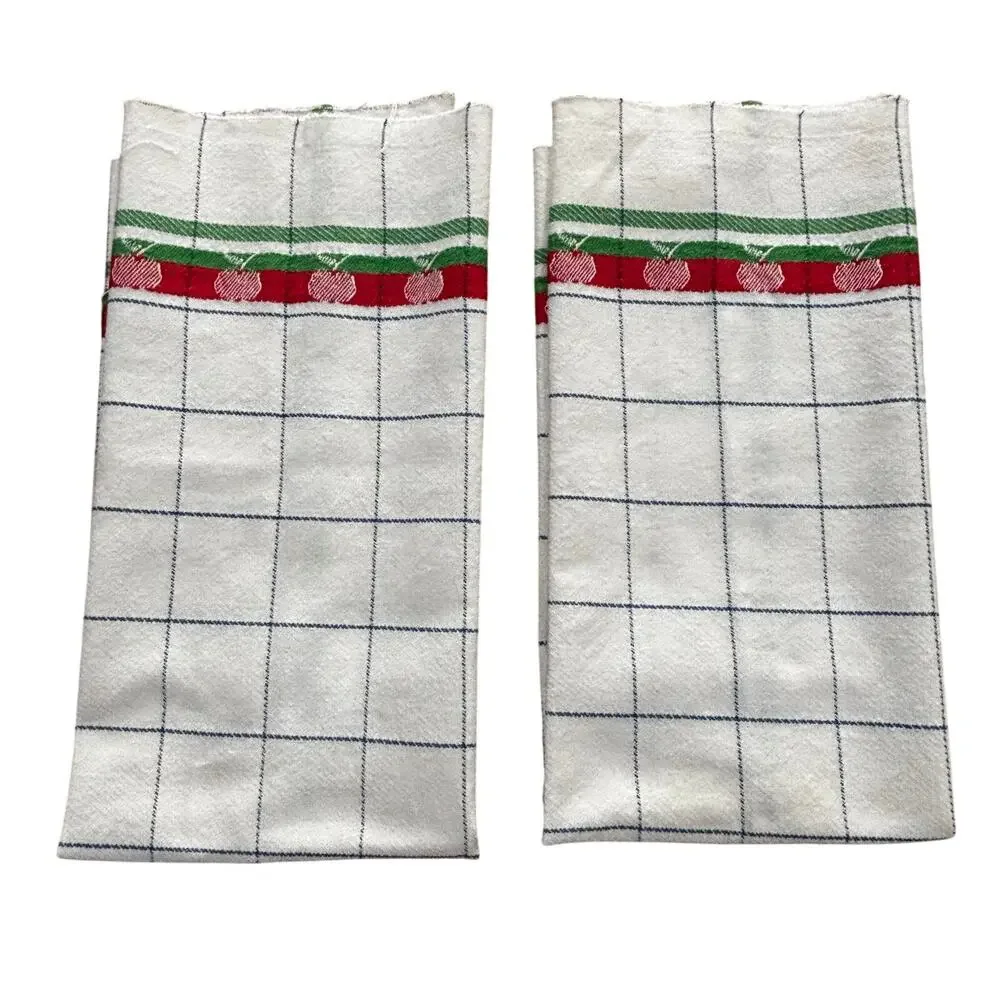 FIVE kitchen tea towels woven cotton cloth white blue red apple motif unfinished